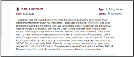lawsuits and complaints against Tradebloc Inc