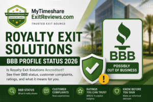 BBB business profile listing for a California timeshare exit firm flagged as possibly out of business