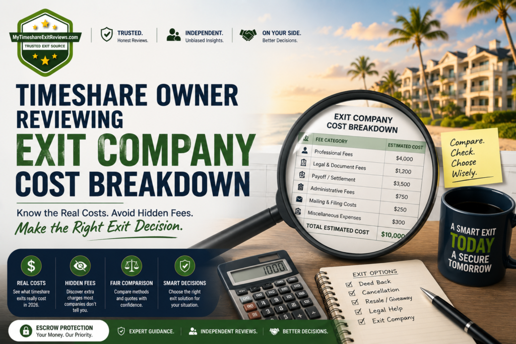 timeshare owner reviewing exit company cost breakdown and fee itemization