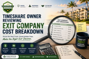 timeshare owner reviewing exit company cost breakdown and fee itemization