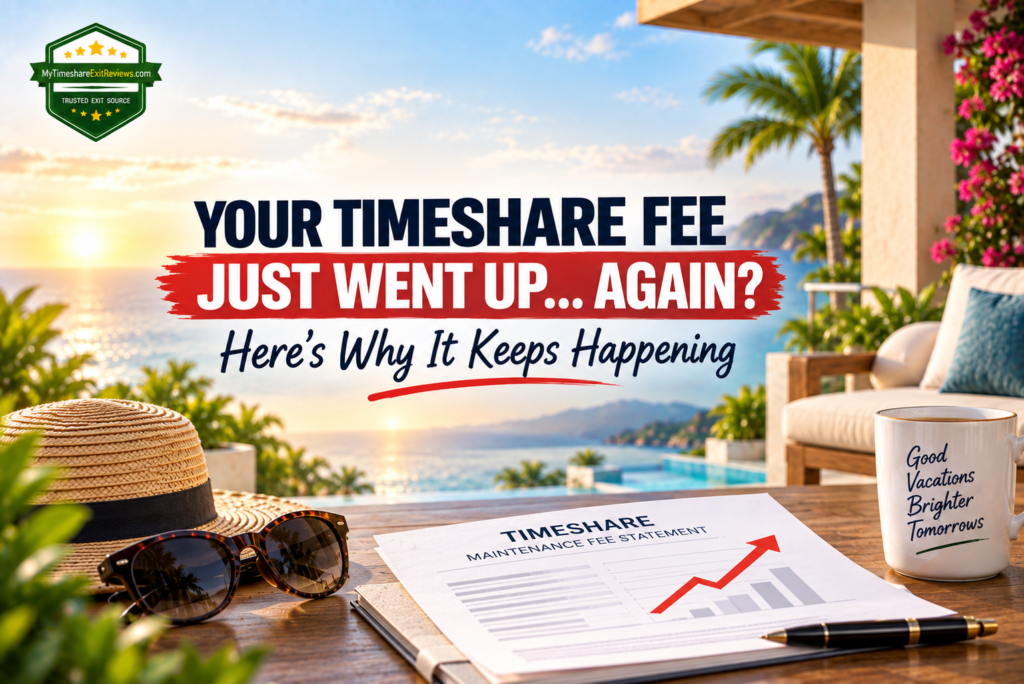Timeshare owner reviewing a rising maintenance fee statement at the kitchen table