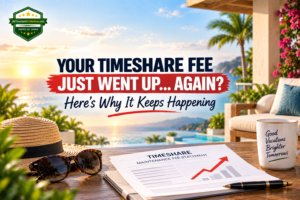 Timeshare owner reviewing a rising maintenance fee statement at the kitchen table